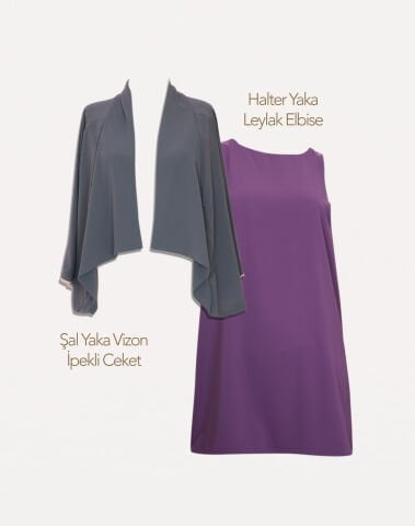 Halter Yaka A Kesim Elbise & Şal Yaka Vizon Ceket | 2'li Kombin