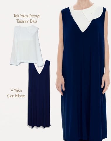 Tek Yaka Detaylı Tasarım Bluz & V Yaka Çan Elbise | 2'li Kombin