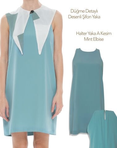 Halter Yaka A Kesim Mint Elbise & Düğme Detaylı Yaka | 2'li Kombin