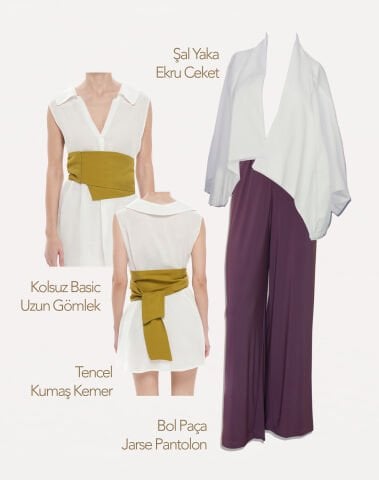 Şal Yaka Ekru Ceket & Kolsuz Basic Uzun Gömlek & Tencel Kumaş Kemer & Jarse Bol Paça Pantolon | 4'lü Kombin