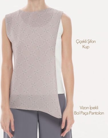 Çiçekli Şifon Kup Bej &  Vizon İpekli Bol Paça Pantolon | 2'li Kombin