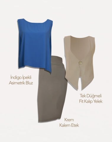 İndigo Asimetrik Bluz & Tek Düğmeli Slimfit Yelek & Yüksek Bel Kalem Etek | 3'lü Kombin