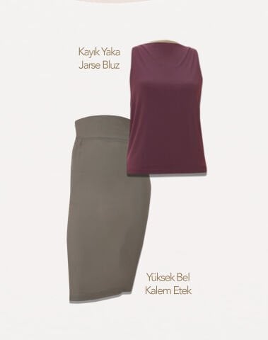 Lila Kayık Yaka Bluz & Yüksek Bel Kalem Etek | 2'li Kombin