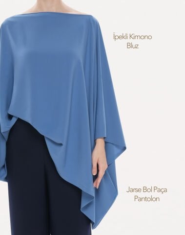 İpekli Kimono Bluz & Jarse Bol Paça Pantolon | 2'li Kombin
