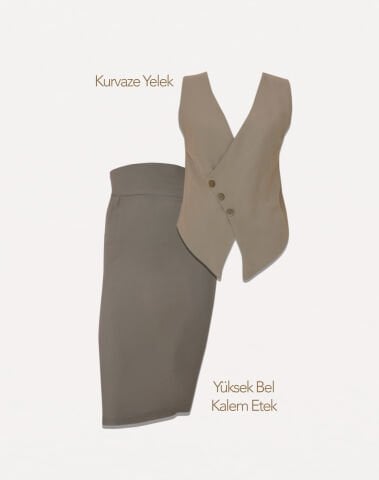 Kruvaze Yelek & Yüksek Bel Kalem Etek | 2'li Kombin