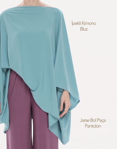 İpekli Kimono Mint & Jarse Bol Paça Pantolon Lila | 2'li Kombin