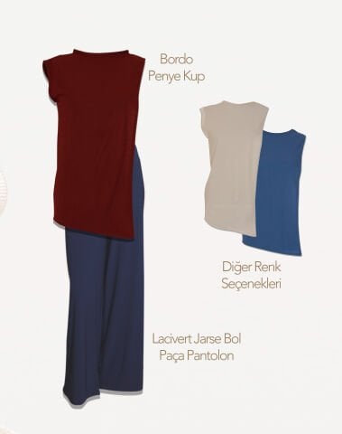 Bordo Penye Cup & Lacivert Jarse Bol Paça Pantolon | 2'li Kombin