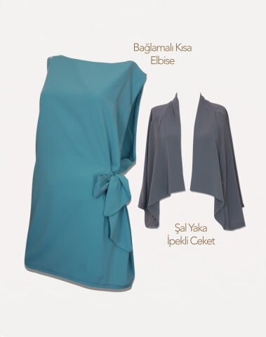 A Kesim Kısa Bağlamalı Elbise Mint & Şal Yaka İpekli Ceket | 2'li Kombin