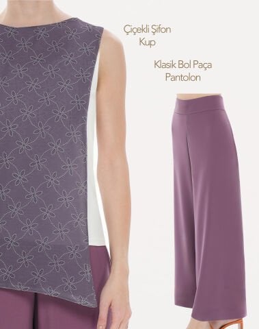 Çiçekli Şifon Kup Mor & Klasik Bol Paça Pantolon | 2'li Kombin